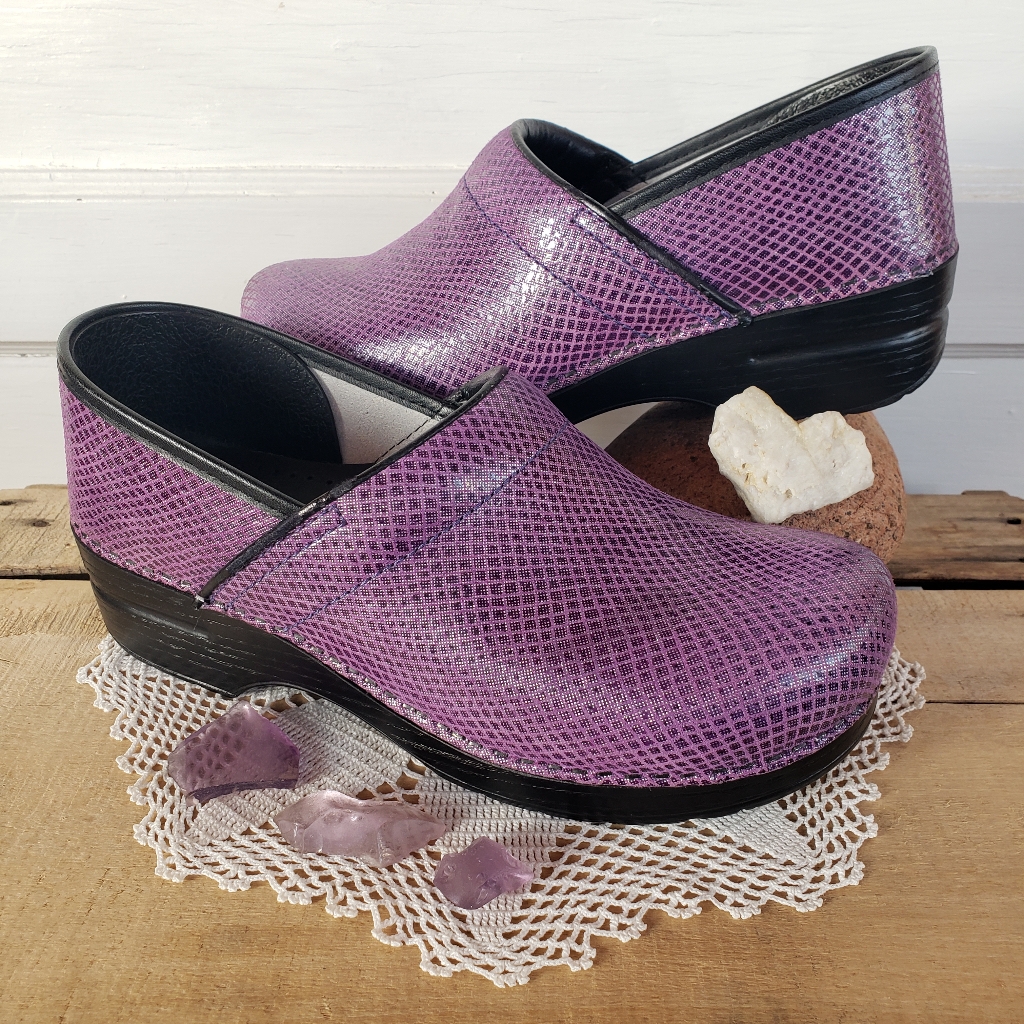Amethyst Dansko Pro Shimmer Clogs Leather Lilac Sparkle Unicorn Mermaid 9.5-10